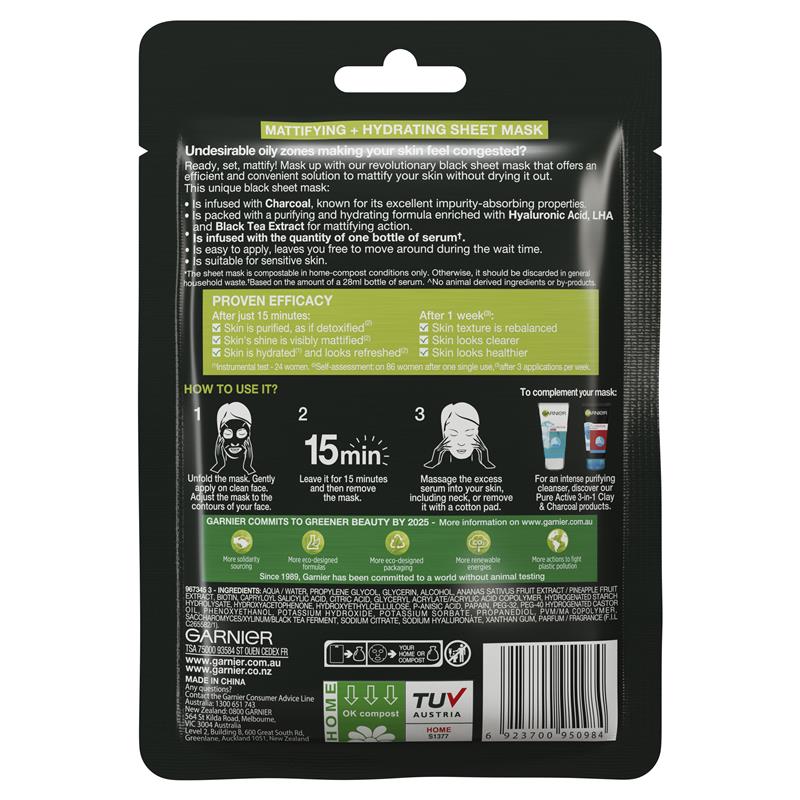 Mặt nạ giấy Garnier Pure Charcoal Hyaluronic Acid + Black Tea