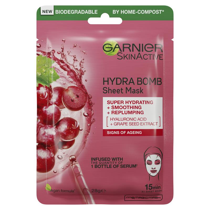 Mặt nạ giấy chống lão hóa Garnier Hydra Bomb Hyaluronic Acid + Grape Seed