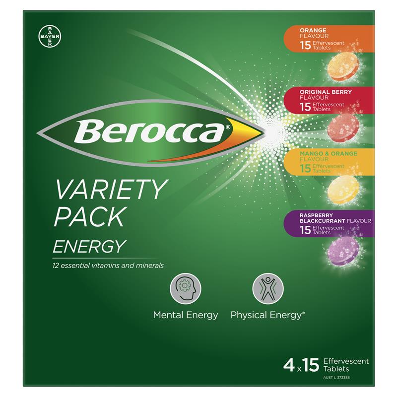 Berocca Energy Variety 60 Effervescent Tablets (4 x 15 Variety Pack) Exclusive Pack