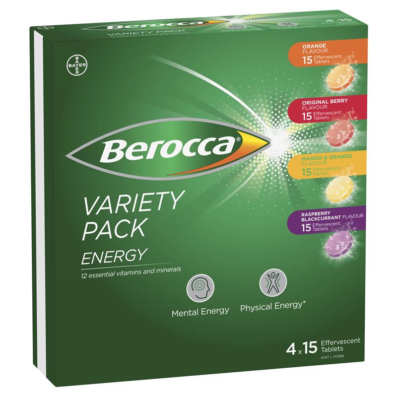 Berocca Energy Variety 60 Effervescent Tablets (4 x 15 Variety Pack) Exclusive Pack