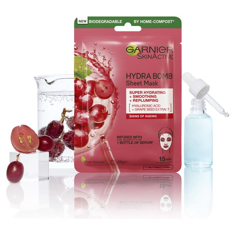 Mặt nạ giấy chống lão hóa Garnier Hydra Bomb Hyaluronic Acid + Grape Seed