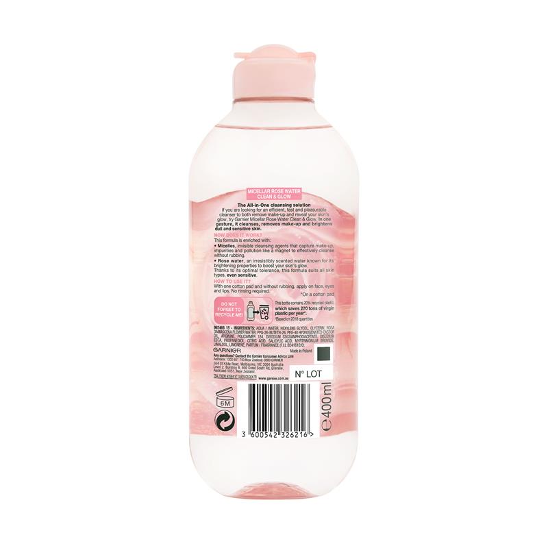 Nước tẩy trang Garnier SkinActive Micellar Rose Cleansing Water Clean & Glow 400ml