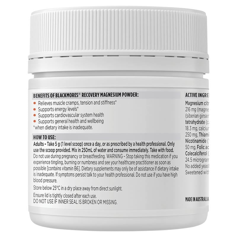 Bột Vitamin Blackmores Recovery Magnesium Muscle Health 200g
