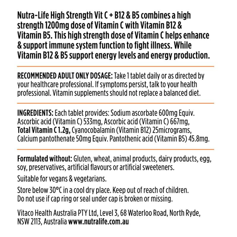 Nutra-Life High Strength Vit C + B12 & B5 60 Tablets