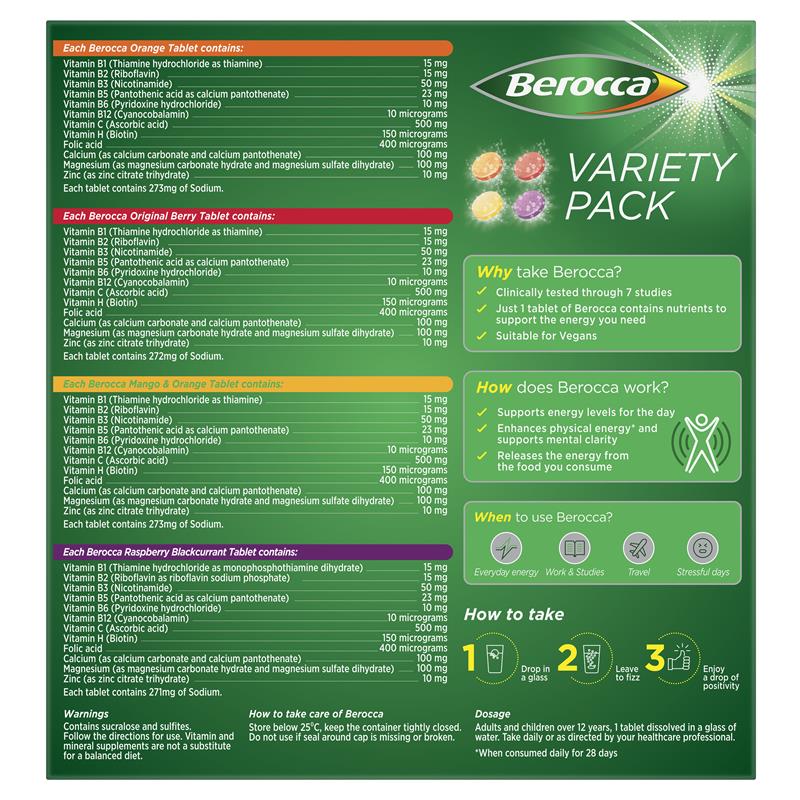 Berocca Energy Variety 60 Effervescent Tablets (4 x 15 Variety Pack) Exclusive Pack
