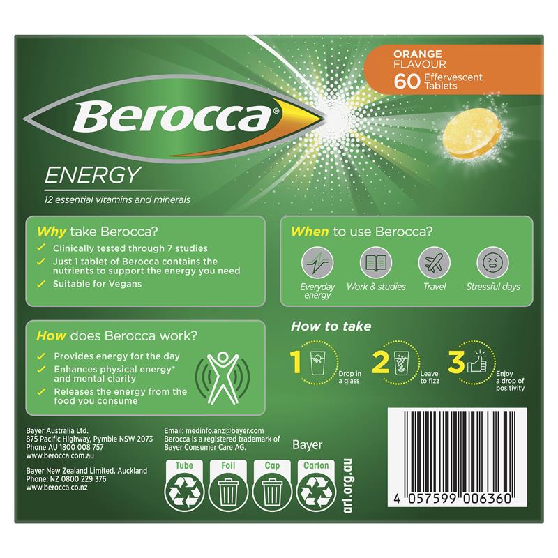 Berocca Energy Orange 60 Effervescent Tablets Exclusive Size