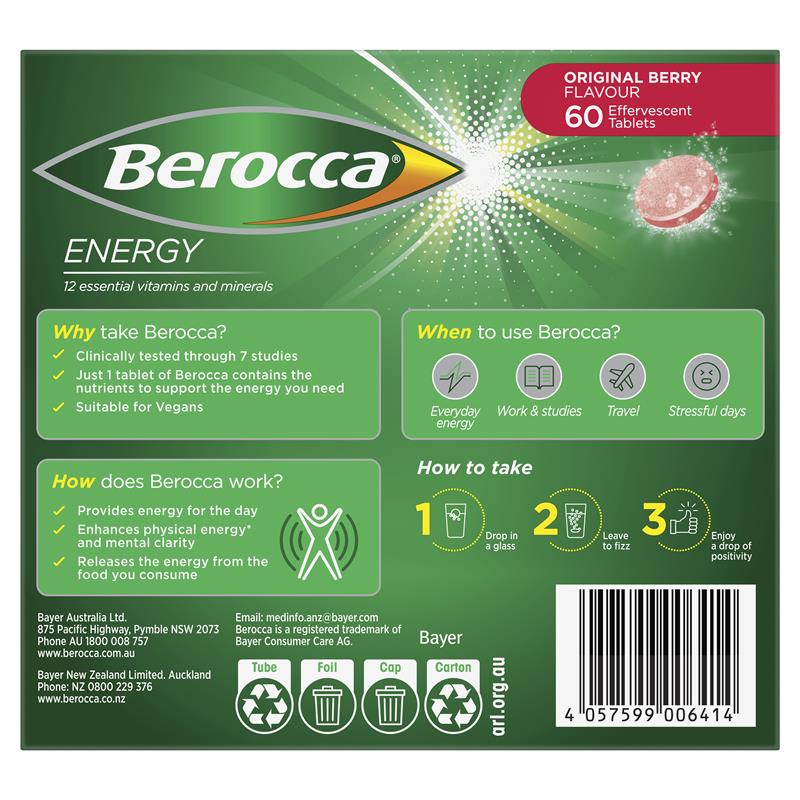 Berocca Energy Original Berry 60 Effervescent Tablets Exclusive Size