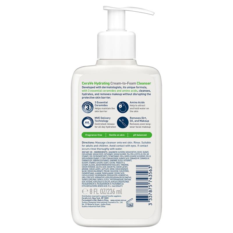 Sữa rửa mặt dạng kem dưỡng ẩm CeraVe Hydrating Cream To Foam Cleanser 236ml