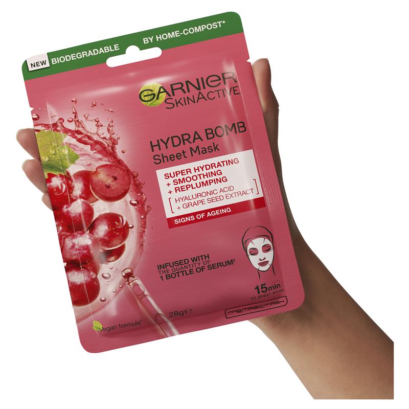 Mặt nạ giấy chống lão hóa Garnier Hydra Bomb Hyaluronic Acid + Grape Seed