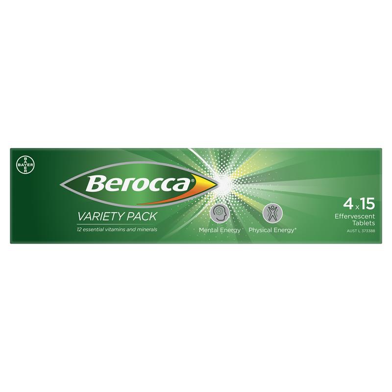 Berocca Energy Variety 60 Effervescent Tablets (4 x 15 Variety Pack) Exclusive Pack
