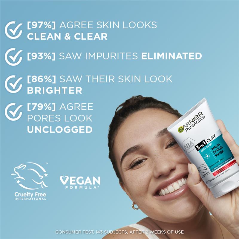 Sữa rửa mặt, tẩy tế bào chết và mặt nạ Garnier SkinActive Pure Active 3 trong 1 150mL