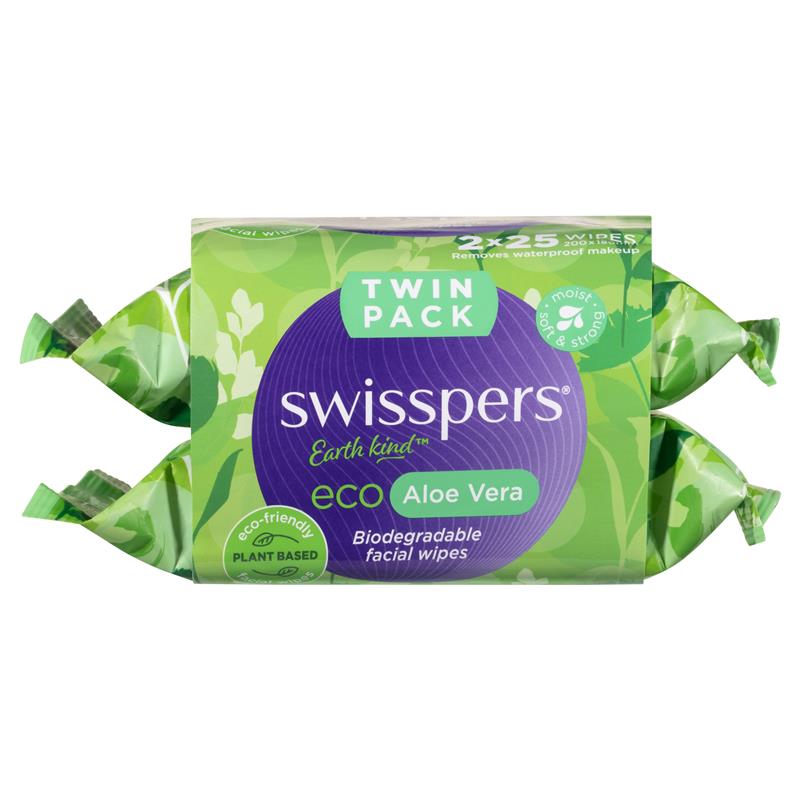Swisspers 生态芦荟可生物降解面部湿巾双包装 2 x 25 片