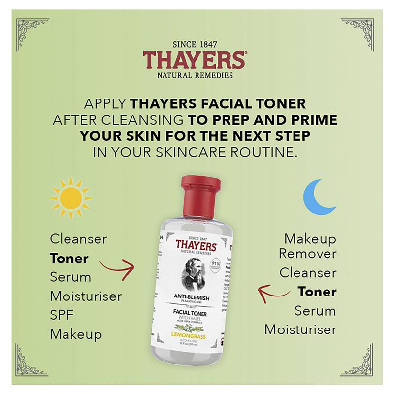 Nước hoa hồng trị mụn Thayers Lemongrass Blemish Clearing Toner với chiết xuất cây phỉ lô hội 355ml