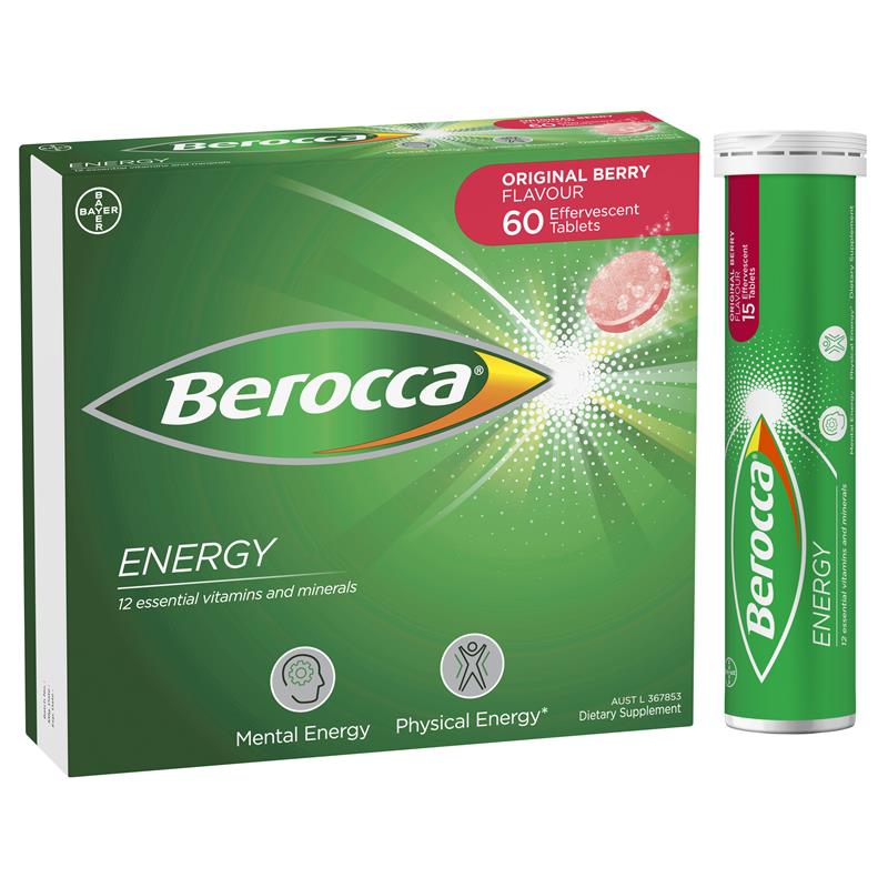 Berocca Energy Original Berry 60 Effervescent Tablets Exclusive Size