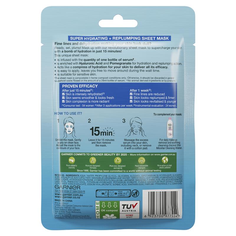 Mặt nạ giấy Garnier Hydra Bomb Hyaluronic Acid + Lựu