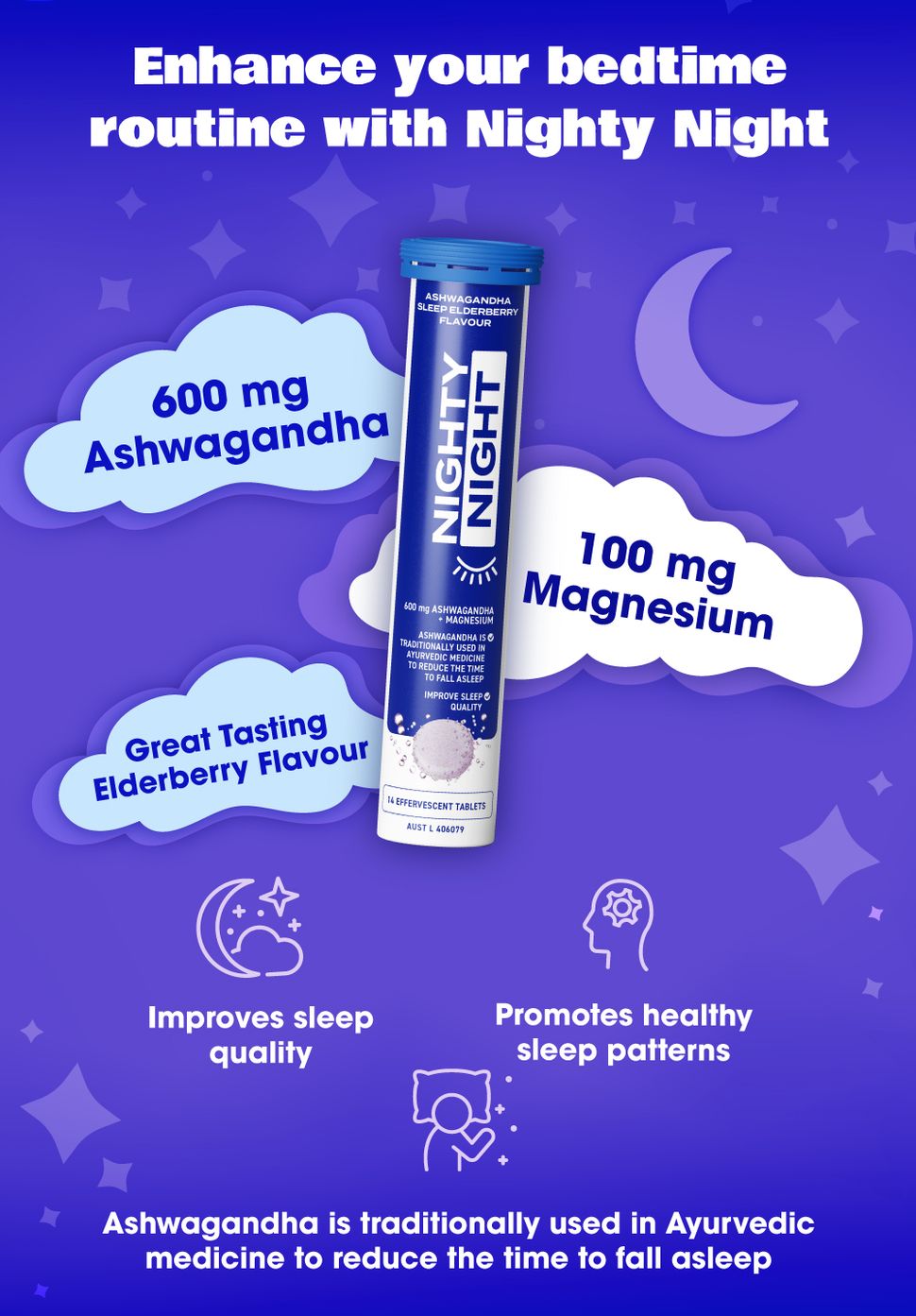 Viên sủi Nighty Night Sleep hương Elderberry 14 viên