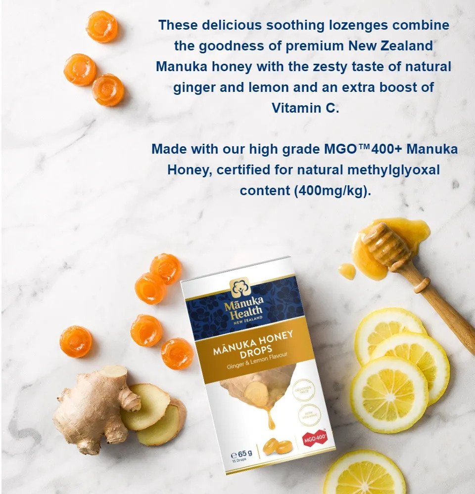 Manuka Health Manuka Honey Drops Lemon & Ginger 15 Pack 65g