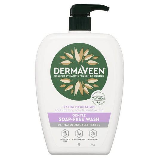 Sữa rửa mặt không chứa xà phòng DermaVeen Extra Hydration Gentle Soap-Free Wash dành cho da cực khô, ngứa và nhạy cảm 1L 