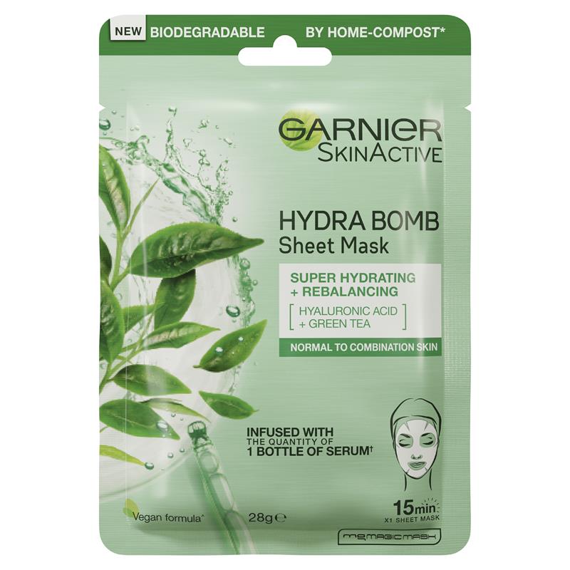 Mặt nạ giấy Garnier Hydra Bomb Hyaluronic Acid + Trà xanh 