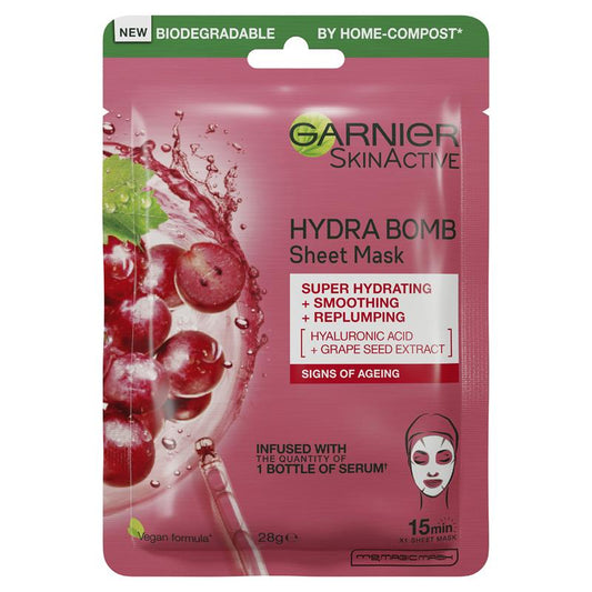 Mặt nạ giấy chống lão hóa Garnier Hydra Bomb Hyaluronic Acid + Grape Seed 