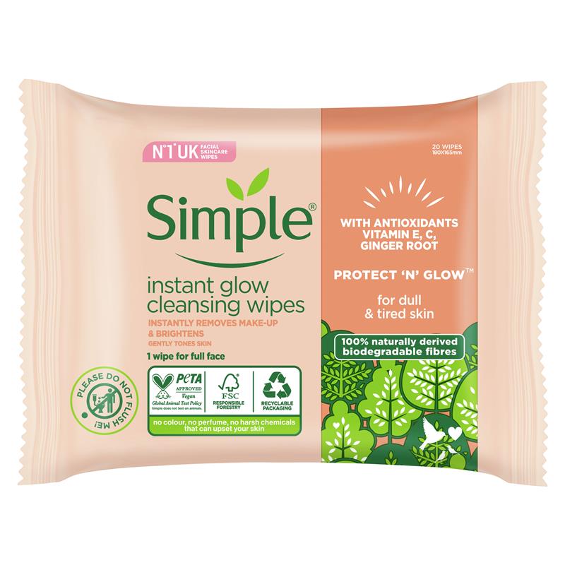 Simple Micellar Instant Glow Facial Wipes 20 Pack