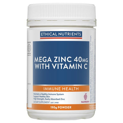 Ethical Nutrients Mega Zinc 40mg với Vitamin C Raspberry 190g dạng bột 