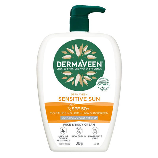 Kem dưỡng ẩm cho mặt và cơ thể DermaVeen Sensitive Sun SPF 50+ 500g 