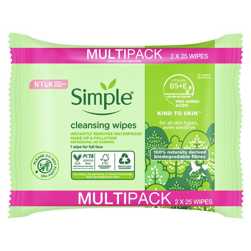 Simple 可生物降解清洁湿巾 2 x 25 包