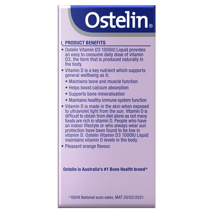 Ostelin 维生素 D 1000IU 液体 - D3 促进骨骼健康 + 免疫支持 - 50 毫升