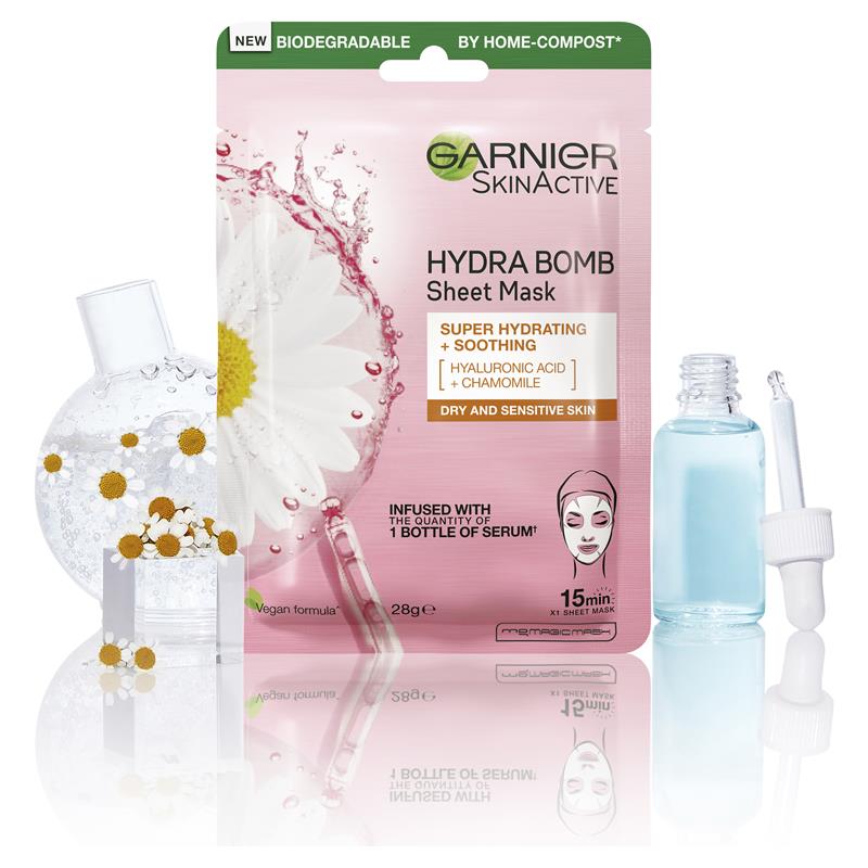 Mặt nạ giấy Garnier Hydra Bomb Hyaluronic Acid + Cúc La Mã 