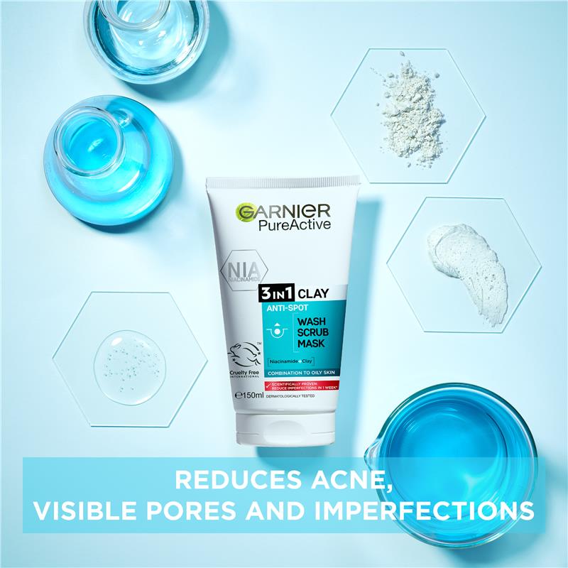 Sữa rửa mặt, tẩy tế bào chết và mặt nạ Garnier SkinActive Pure Active 3 trong 1 150mL 