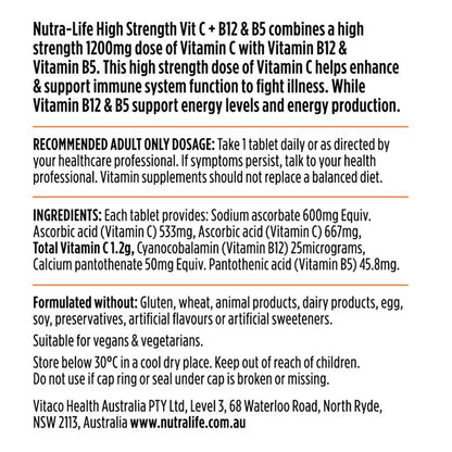 Nutra-Life 高强度维生素 C + B12 和 B5 60 片