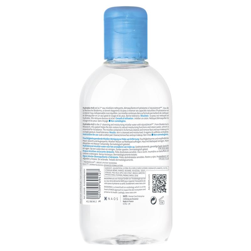 Sữa rửa mặt Bioderma Hydrabio H2O Hydrating Micellar Water Cleanser dành cho da mất nước 250ml 
