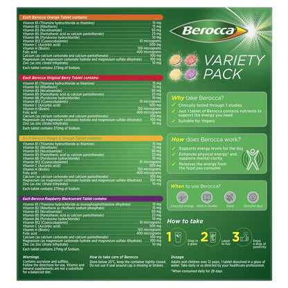 Berocca Energy Variety 60 Viên Sủi Bọt (Gói 4 x 15 Variety) Gói Độc Quyền 
