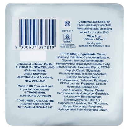 Johnson's Face Care Moisturising Facial Cleansing Wipes For Dry Skin 3 x 25 Pack