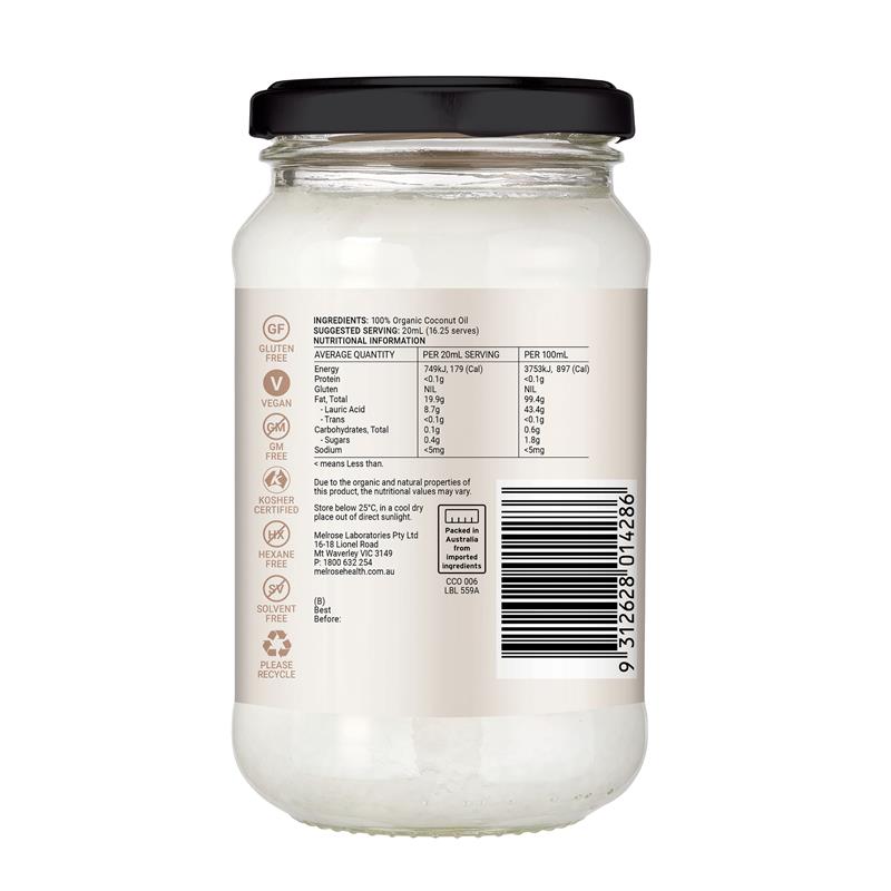 Dầu dừa hữu cơ không hương vị Melrose (tinh chế) 325ml 