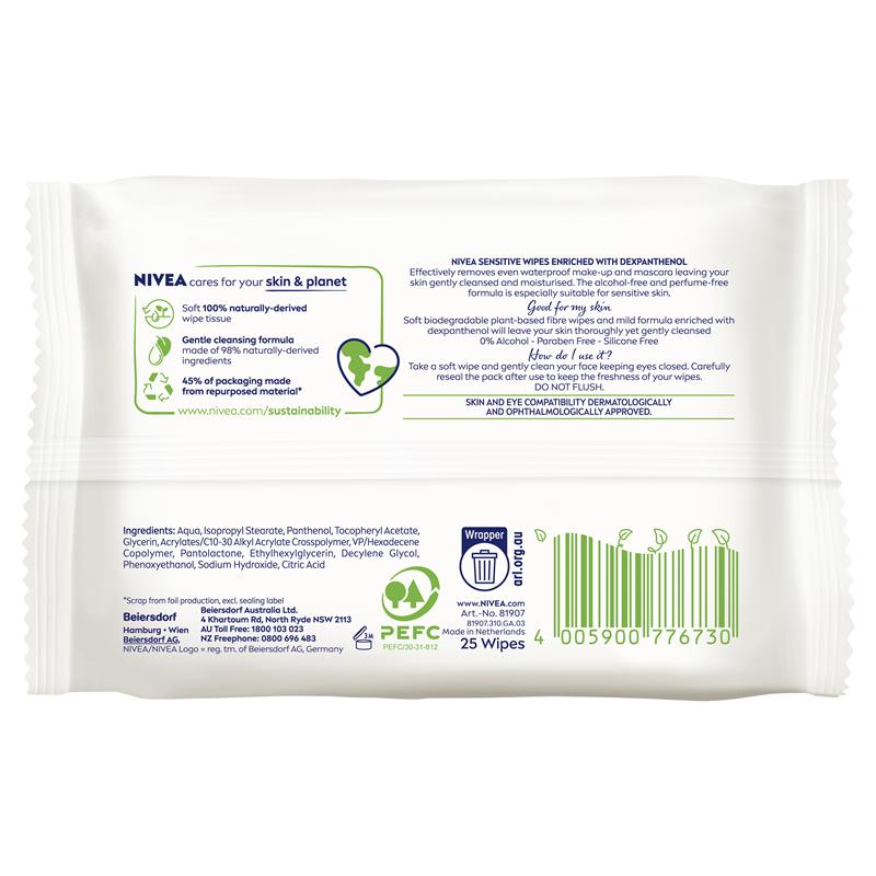 NIVEA Daily Essentials Biodegradable Fragrance Free Facial Cleansing Wipes 25pk