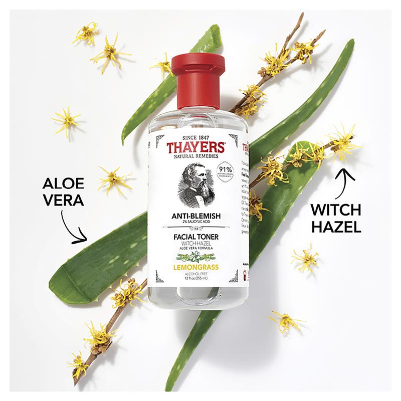 Nước hoa hồng trị mụn Thayers Lemongrass Blemish Clearing Toner với chiết xuất cây phỉ lô hội 355ml 