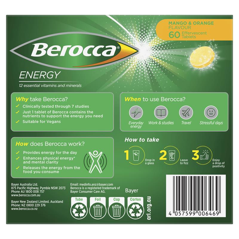 Berocca Energy 芒果橙味泡腾片 60 片 独家规格