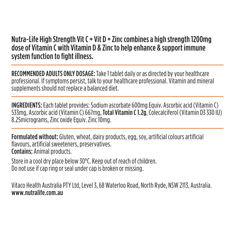Nutra-Life High Strength Vitamin C + Vitamin D + Zinc 120 Tablets