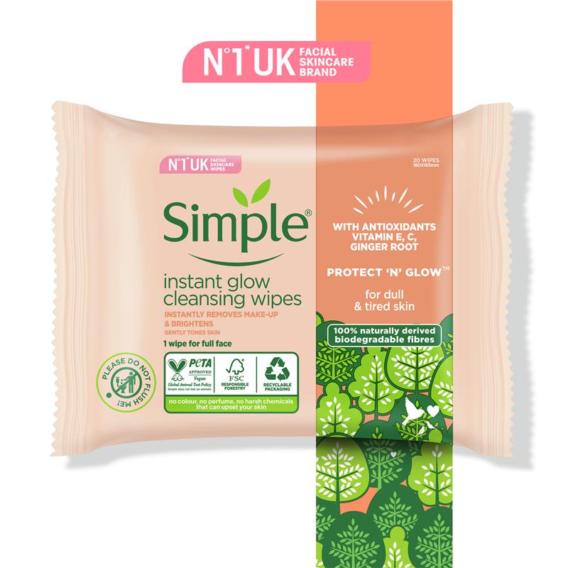 Simple Micellar Instant Glow Facial Wipes 20 Pack