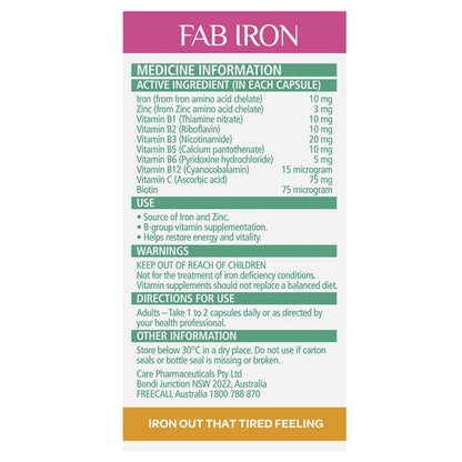 Fab Iron + 维生素B复合物和锌 60粒胶囊
