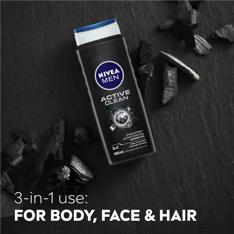 NIVEA MEN Active Clean 3-IN-1 Shower Gel Body Wash 500ml
