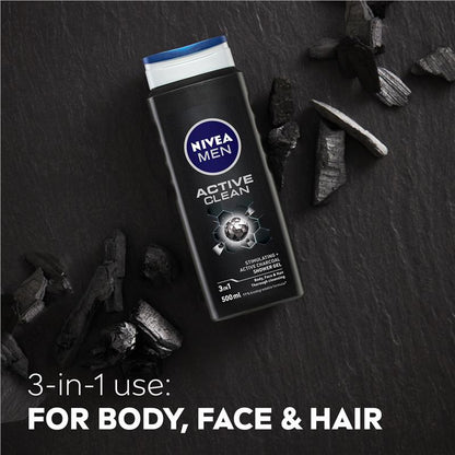 NIVEA MEN Active Clean 3-IN-1 Shower Gel Body Wash 500ml