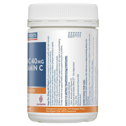 Ethical Nutrients Mega Zinc 40mg với Vitamin C Raspberry 190g dạng bột 