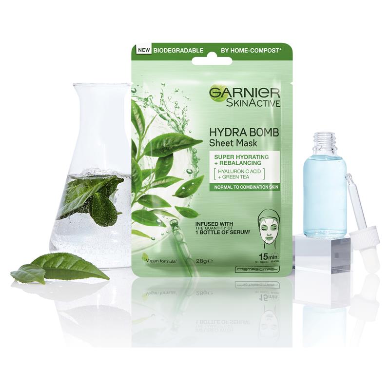 Mặt nạ giấy Garnier Hydra Bomb Hyaluronic Acid + Trà xanh 