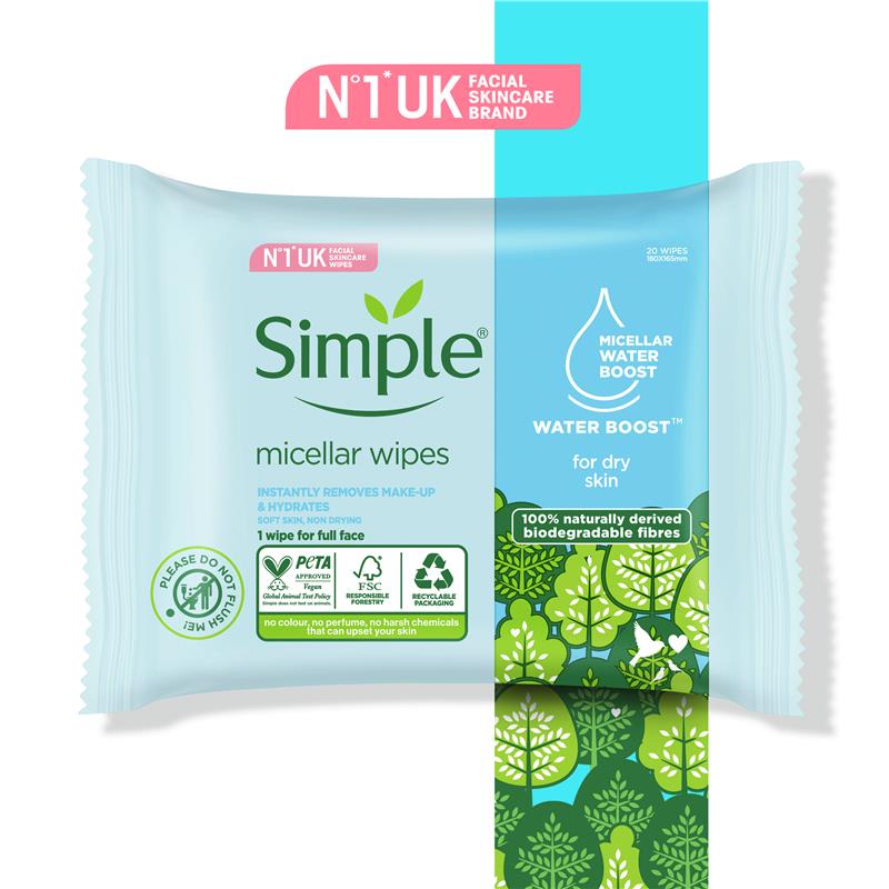 Simple Micellar Facial Wipes 20 Pack
