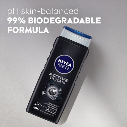 NIVEA MEN Active Clean 3-IN-1 Shower Gel Body Wash 500ml