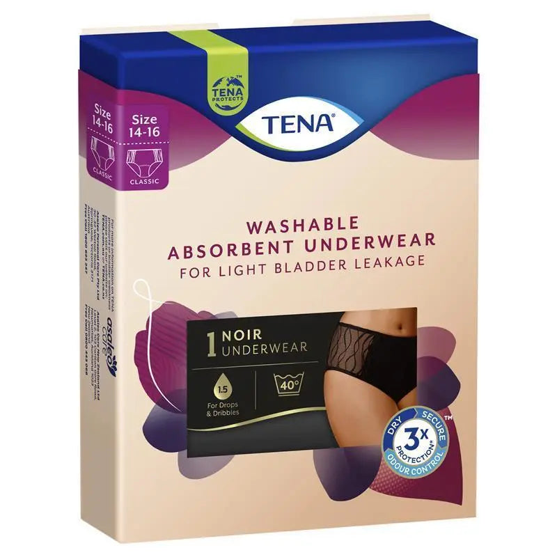 TENA Washable Absorbent Underwear Classic Noir Size 14-16